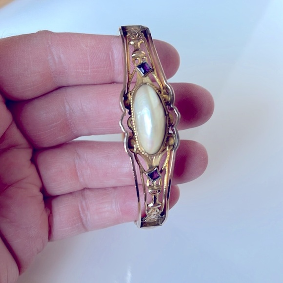 Antique Edwardian Gold Tone Glass Purple Pearl Stone Bangle Bracelet S.O.B & CO - Picture 12 of 15